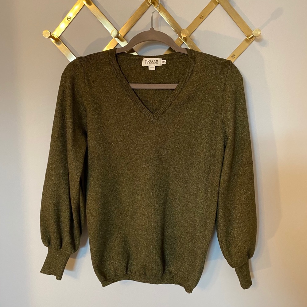 Molly Bracken V-Neck Metallic Knit Sweater Green